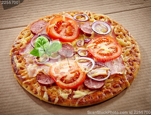 Image of Salami and tomato pizza