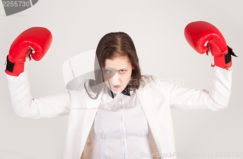 Image of Angry businesswoman in boxing gloves