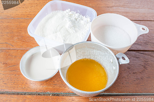 Image of Set of baking ingredients flour, butter, sugar and milk