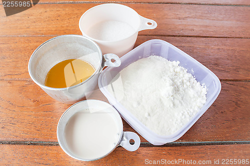 Image of Set of baking ingredients flour, butter, sugar and milk