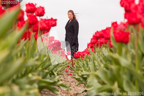 Image of Woman standing in a field of tulips