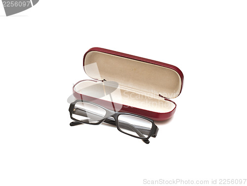 Image of Black glasses with case, isolated on white background