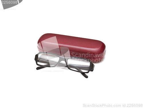 Image of Black glasses with case, isolated on white background