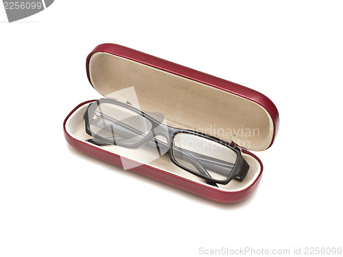 Image of Black glasses with case, isolated on white background