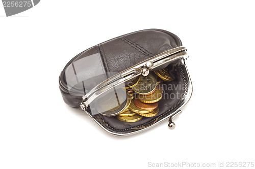 Image of Black leather purse and several euro coins on white background