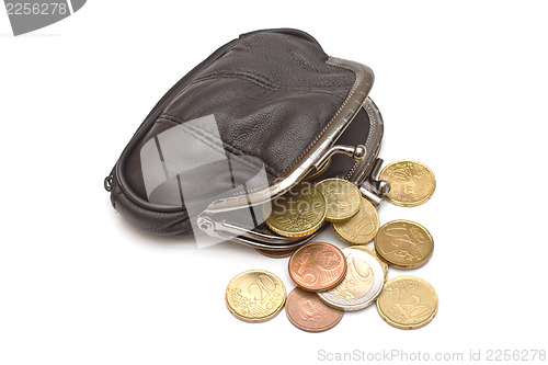 Image of Black leather purse and several euro coins on white background