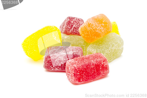 Image of Different fruit jellies on white background