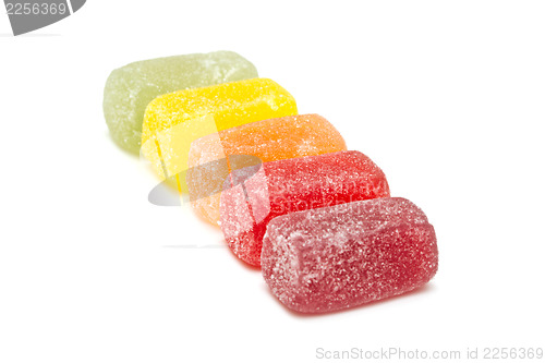 Image of Different fruit jellies on white background