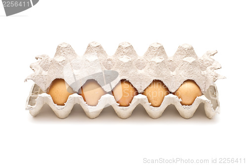 Image of Brown eggs in a carton package on white background
