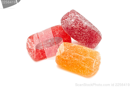 Image of Different fruit jellies on white background