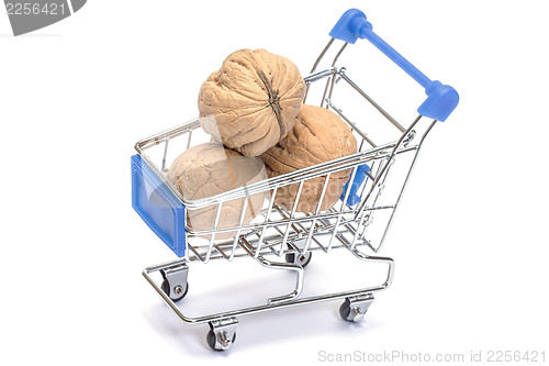 Image of Walnuts in shopping cart on white