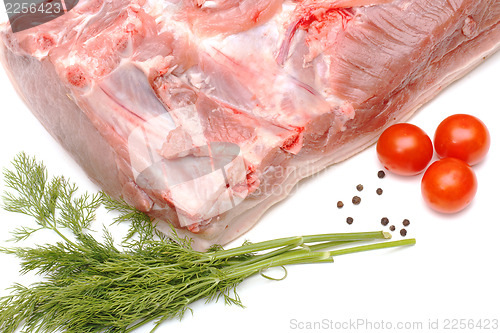 Image of Piece of pork and vegetables on white