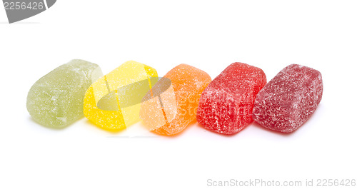 Image of Different fruit jellies on white background