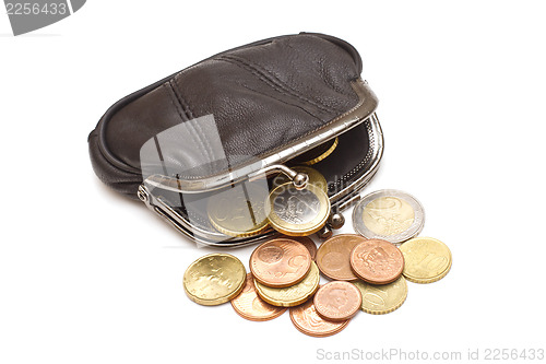 Image of Black leather purse and several euro coins on white background