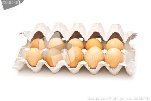 Image of Brown eggs in a carton package on white background