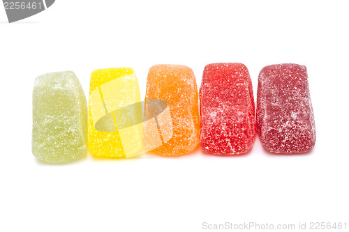 Image of Different fruit jellies on white background