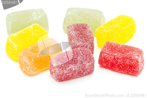 Image of Different fruit jellies on white background