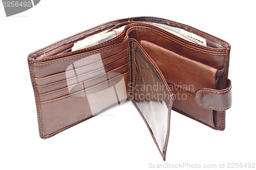 Image of Brown leather wallet with money