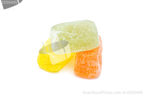 Image of Different fruit jellies on white background