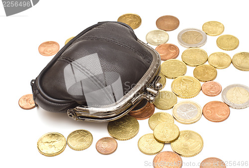 Image of Black leather purse and several euro coins on white background