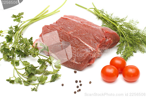 Image of Piece of beef and vegetables on white