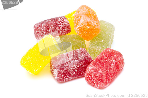 Image of Different fruit jellies on white background