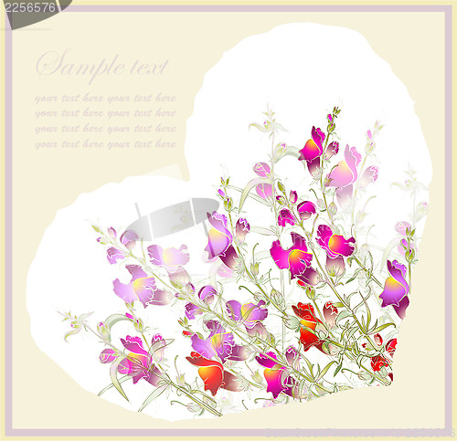 Image of Greeting card with bouquet a flowers. Decorative heart. 