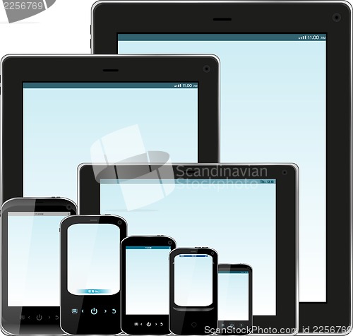 Image of Set of realistic display, tablet computer and mobile phone template with blue screen