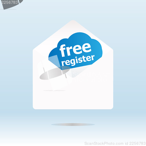 Image of free register word on abstract blue cloud