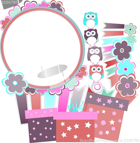 Image of Background with owl, flowers, birds and gift boxes