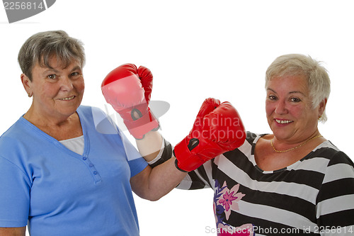 Image of Two female seniors with red boxing glove