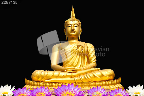 Image of Gold buddha statue on black background