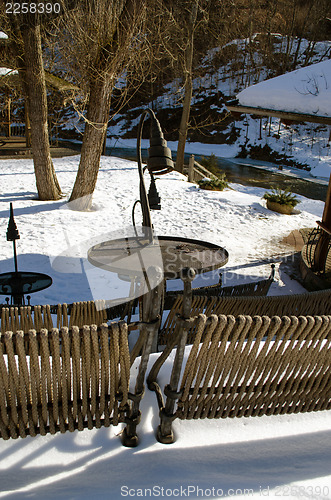 Image of old design seat table snow restaurant river winter 