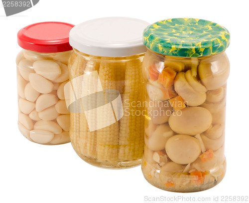 Image of garlics corns mushrooms preserved glass jar pot 