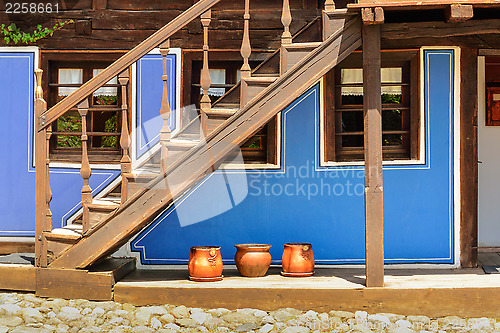 Image of Wooden stairs and an old house in Koprivshtitsa Bulgaria, from t