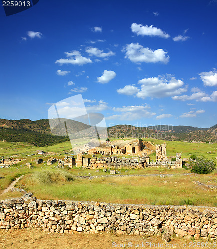 Image of ancient amphitheater and ruins in Pamukkale Turkey