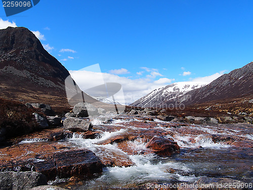 Image of Lairig Ghru seen from river Dee, Scotland in may