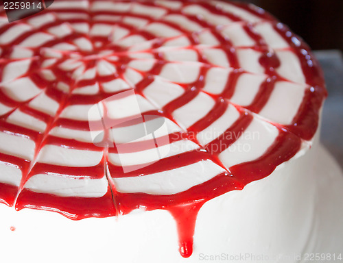Image of Whipped cream cake topped with rasberry sauce 