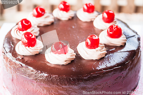 Image of Chocolate cake with cherry and whipped cream 