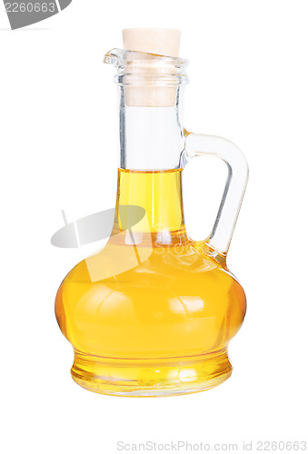 Image of Small decanter with sunflower oil isolated on the white background 