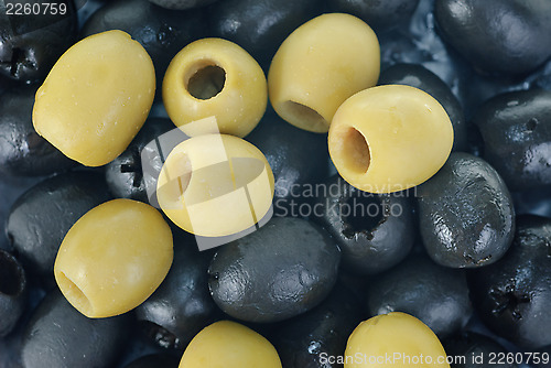 Image of Abstract background: green and black pitted olives. 