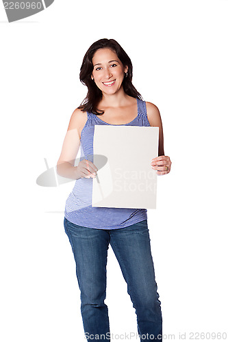 Image of Happy woman hoding whiteboard