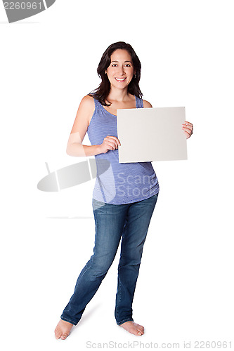 Image of Happy woman hoding whiteboard