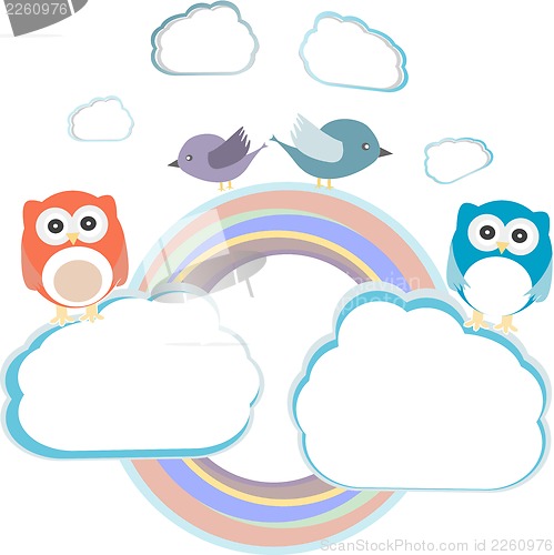 Image of Background with couple of owls sitting and birds on cloud