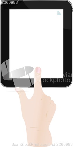 Image of a male hand holding a touchpad pc, one finger touches the touchpad, isolated on white