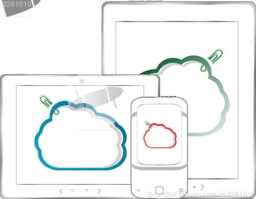 Image of Set of tablet pc computers and clouds