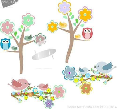 Image of Set of autumn nature elements: owls and birds on branches
