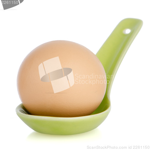Image of Brown egg in a green ceramic spoon