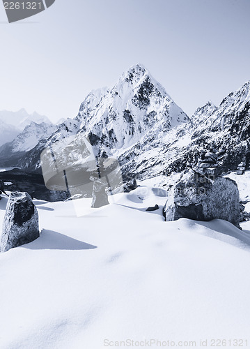 Image of Cho La pass peaks at dawn in Himalaya mountains