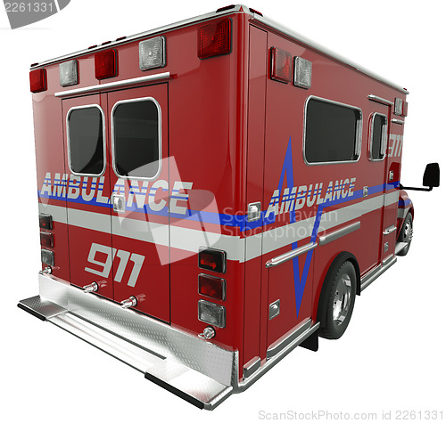 Image of Ambulance: Rear view of emergency services vehicle on white